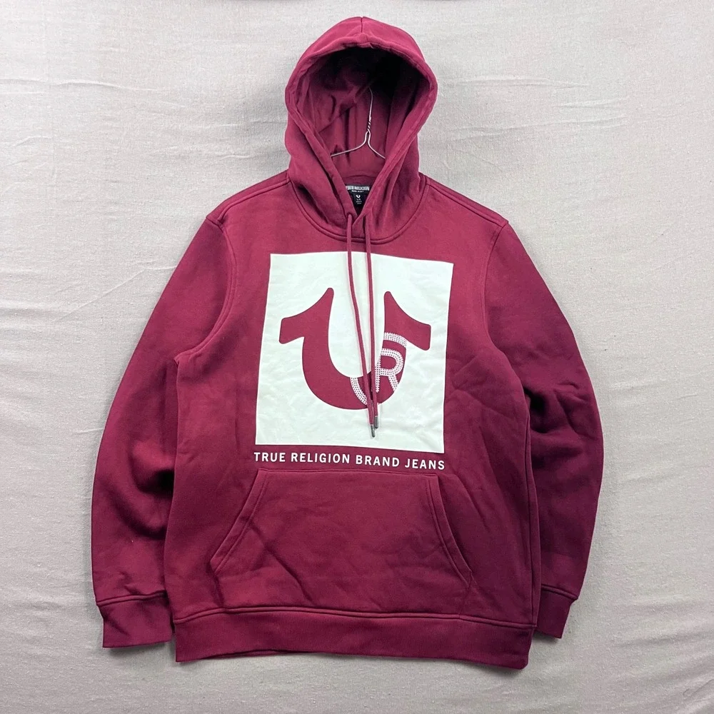 True Religion Hoodie Mens Large Burgundy Rhinestone Stud Horseshoe Logo Pullover